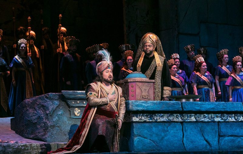 Javier Camarena as Idreno and Ryan Speedo Green as Oroe in Rossini's "Semiramide." Photo: Ken Howard / Met Opera